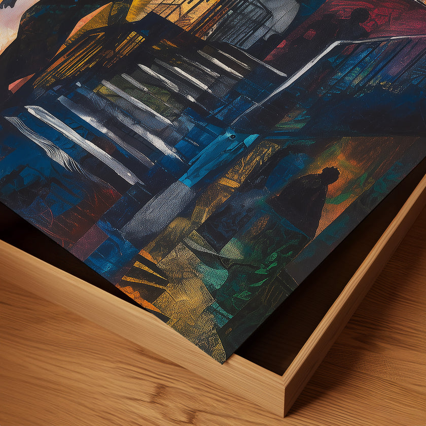 Abstract Afrocentric art print depicting Harlem street life at night with edgy textures and silhouettes. Features urban scenes from the Harlem neighborhood, highlighting the culture, energy, and lifestyle of African American community life after dark.
