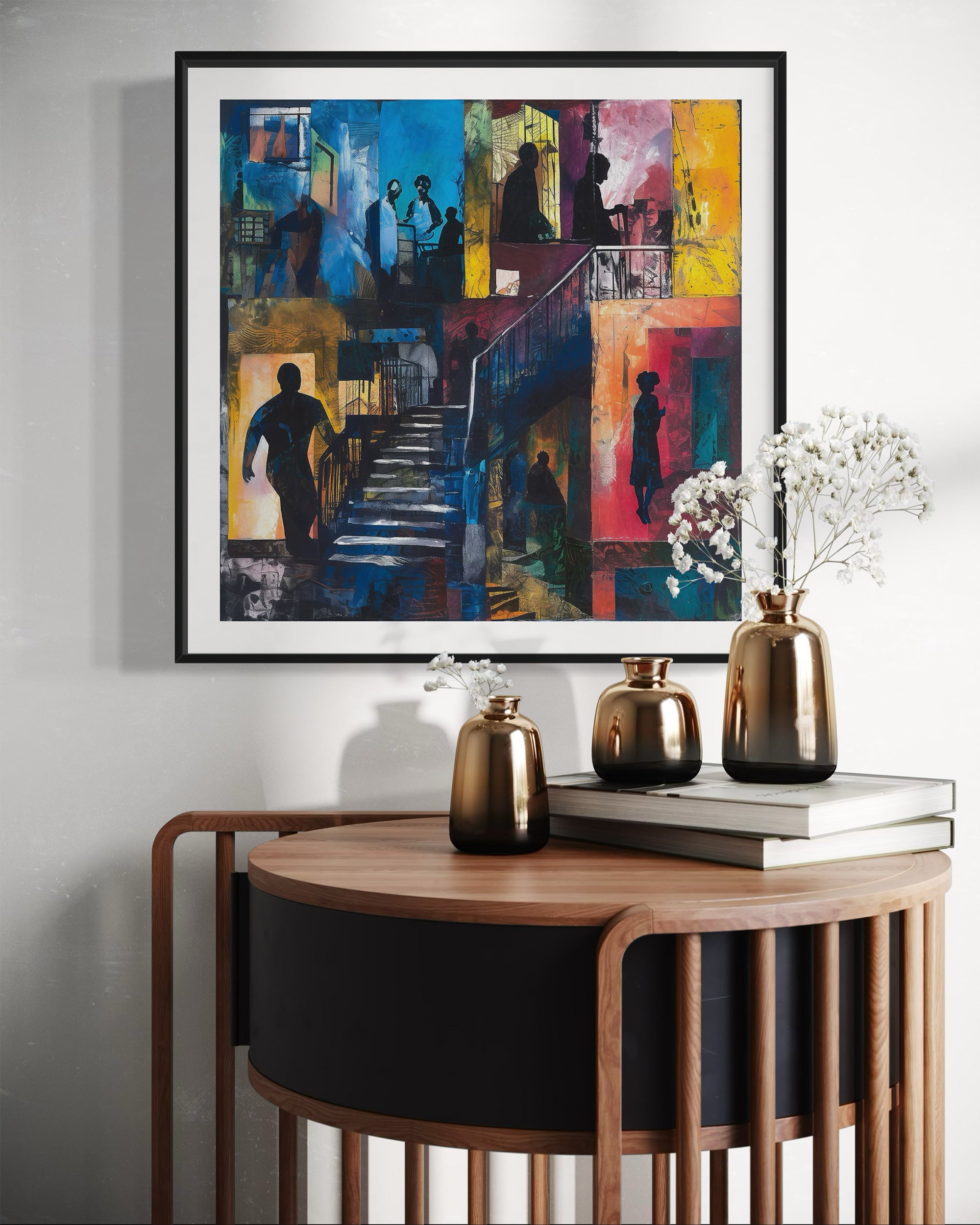 Abstract Afrocentric art print depicting Harlem street life at night with edgy textures and silhouettes. Features urban scenes from the Harlem neighborhood, highlighting the culture, energy, and lifestyle of African American community life after dark.