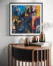 Abstract Afrocentric art print depicting Harlem street life at night with edgy textures and silhouettes. Features urban scenes from the Harlem neighborhood, highlighting the culture, energy, and lifestyle of African American community life after dark.