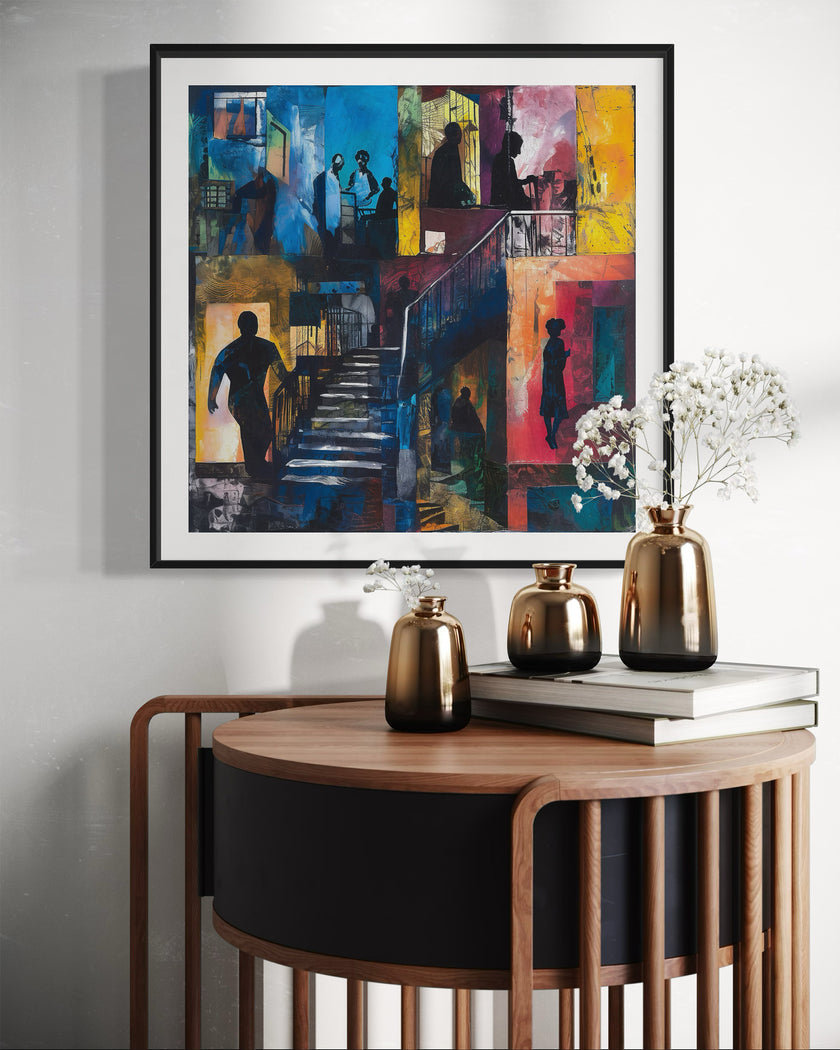 Abstract Afrocentric art print depicting Harlem street life at night with edgy textures and silhouettes. Features urban scenes from the Harlem neighborhood, highlighting the culture, energy, and lifestyle of African American community life after dark.