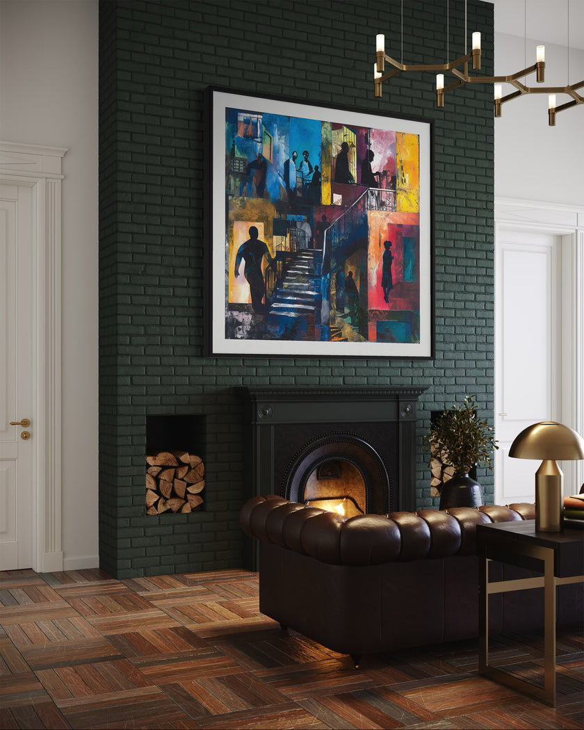 Abstract Afrocentric art print depicting Harlem street life at night with edgy textures and silhouettes. Features urban scenes from the Harlem neighborhood, highlighting the culture, energy, and lifestyle of African American community life after dark.