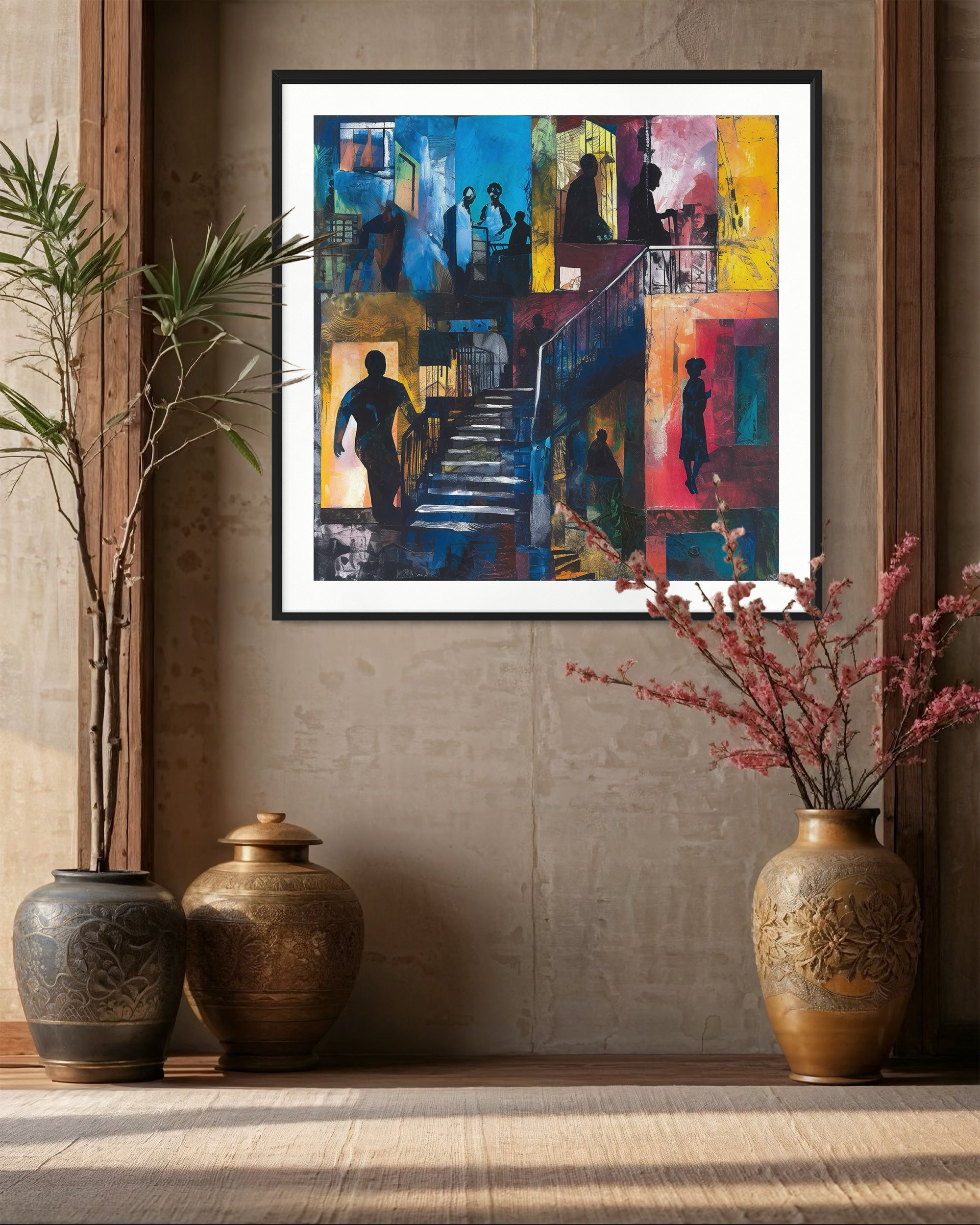 Abstract Afrocentric art print depicting Harlem street life at night with edgy textures and silhouettes. Features urban scenes from the Harlem neighborhood, highlighting the culture, energy, and lifestyle of African American community life after dark.