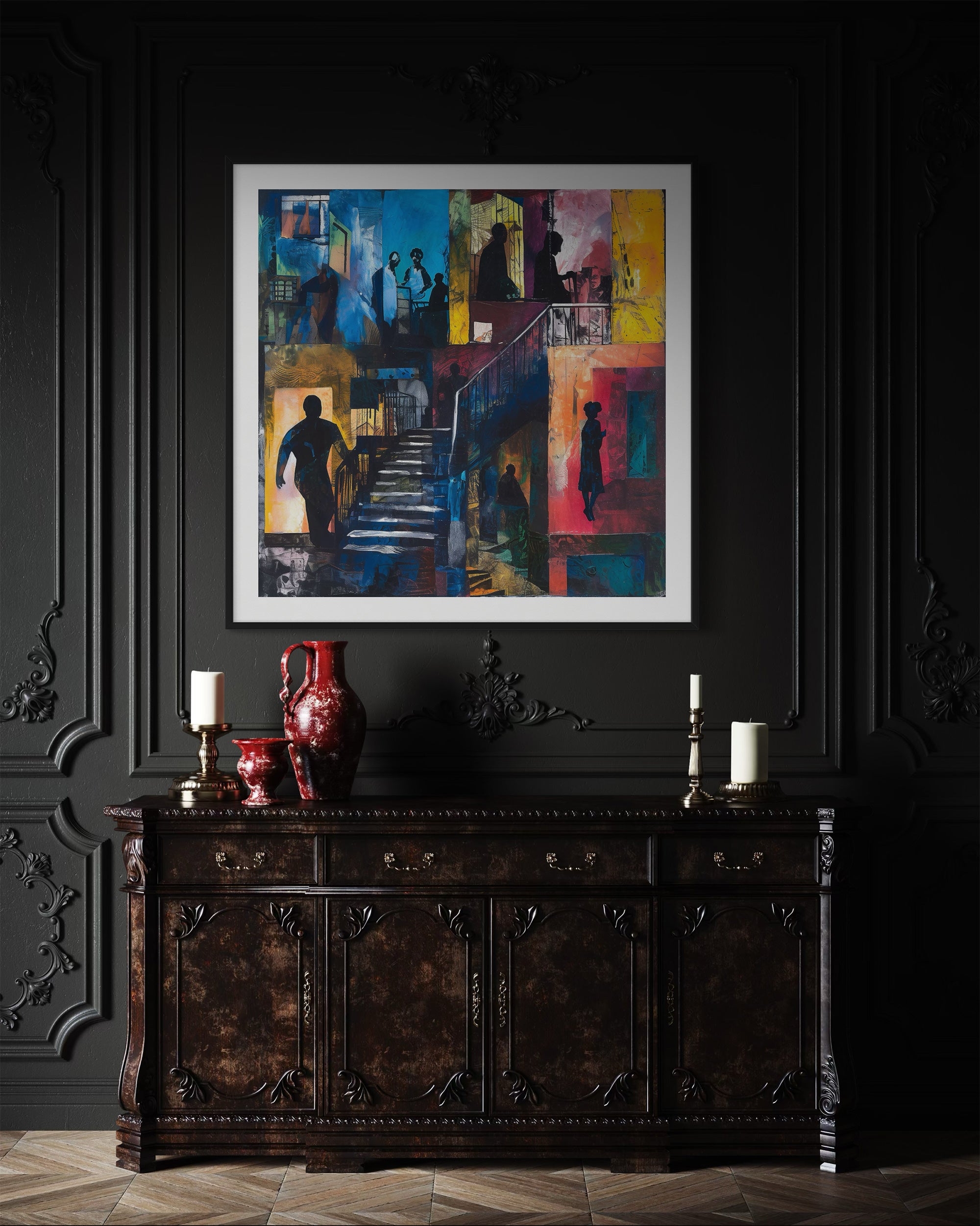 Abstract Afrocentric art print depicting Harlem street life at night with edgy textures and silhouettes. Features urban scenes from the Harlem neighborhood, highlighting the culture, energy, and lifestyle of African American community life after dark.