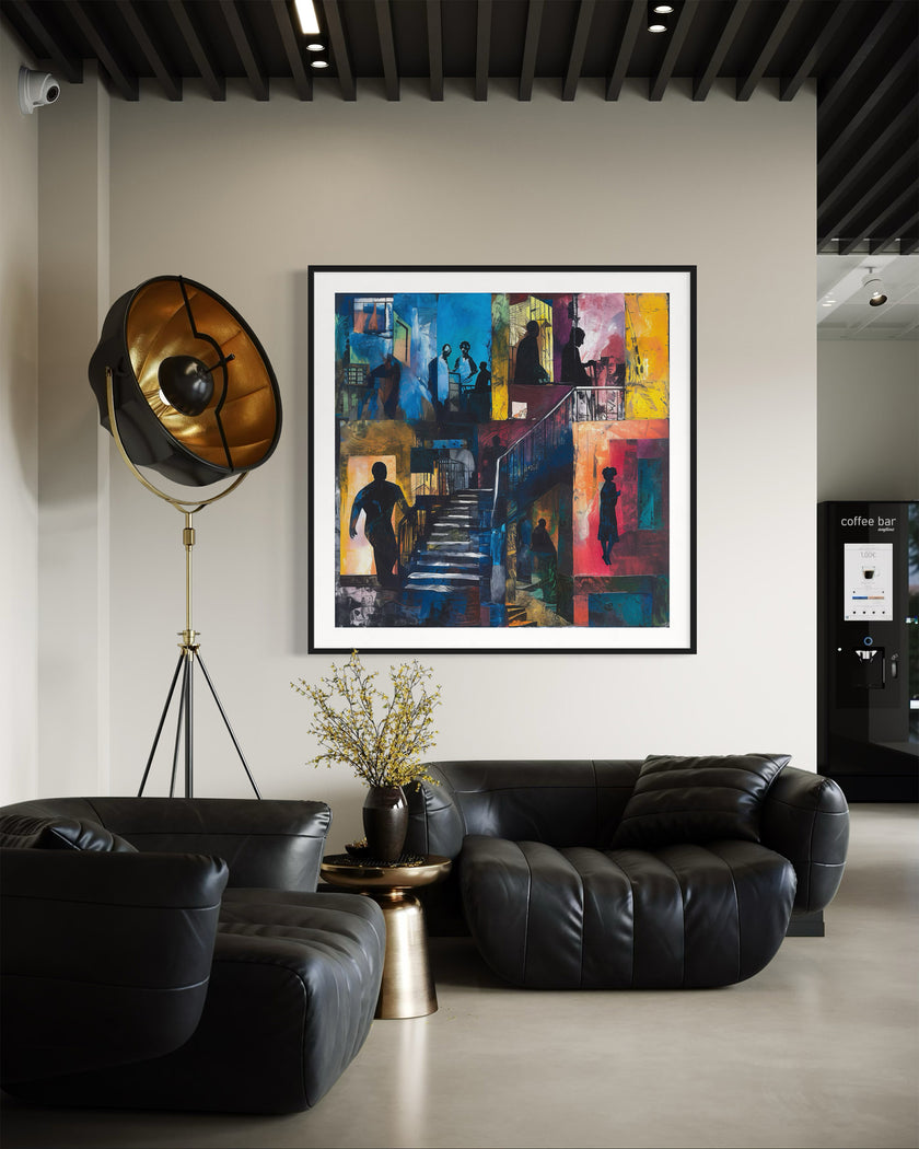 Abstract Afrocentric art print depicting Harlem street life at night with edgy textures and silhouettes. Features urban scenes from the Harlem neighborhood, highlighting the culture, energy, and lifestyle of African American community life after dark.