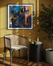 Abstract Afrocentric art print depicting Harlem street life at night with edgy textures and silhouettes. Features urban scenes from the Harlem neighborhood, highlighting the culture, energy, and lifestyle of African American community life after dark.