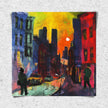Harlem Neighborhood Night Scene Art Print featuring an Afrocentric abstract depiction of Harlem city life after dark with bold colors, glowing windows, and silhouettes that celebrate African American culture and urban nightlife.