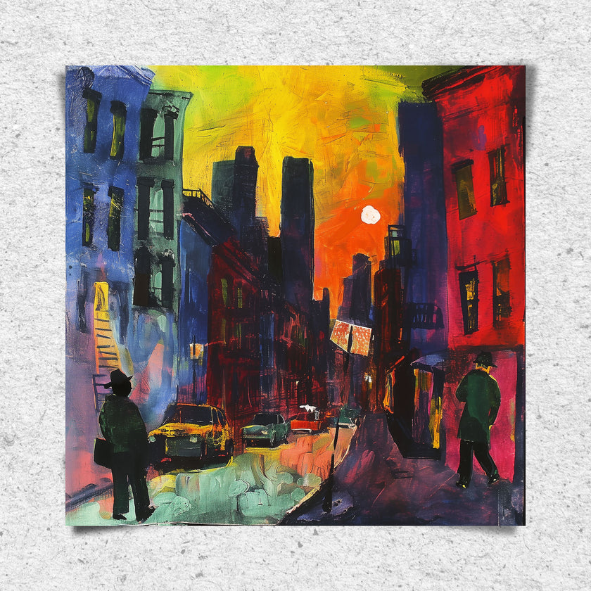 Harlem Neighborhood Night Scene Art Print featuring an Afrocentric abstract depiction of Harlem city life after dark with bold colors, glowing windows, and silhouettes that celebrate African American culture and urban nightlife.