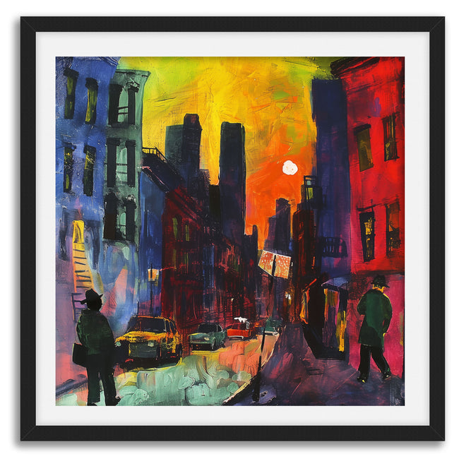 Harlem Neighborhood Night Scene Art Print featuring an Afrocentric abstract depiction of Harlem city life after dark with bold colors, glowing windows, and silhouettes that celebrate African American culture and urban nightlife.