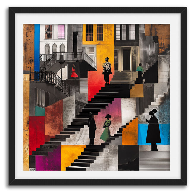 Harlem Neighborhood Art Print featuring Afrocentric abstract design of Black community life on the stoops. Vibrant colors, silhouette figures, and urban Harlem lifestyle imagery. African American wall decor.