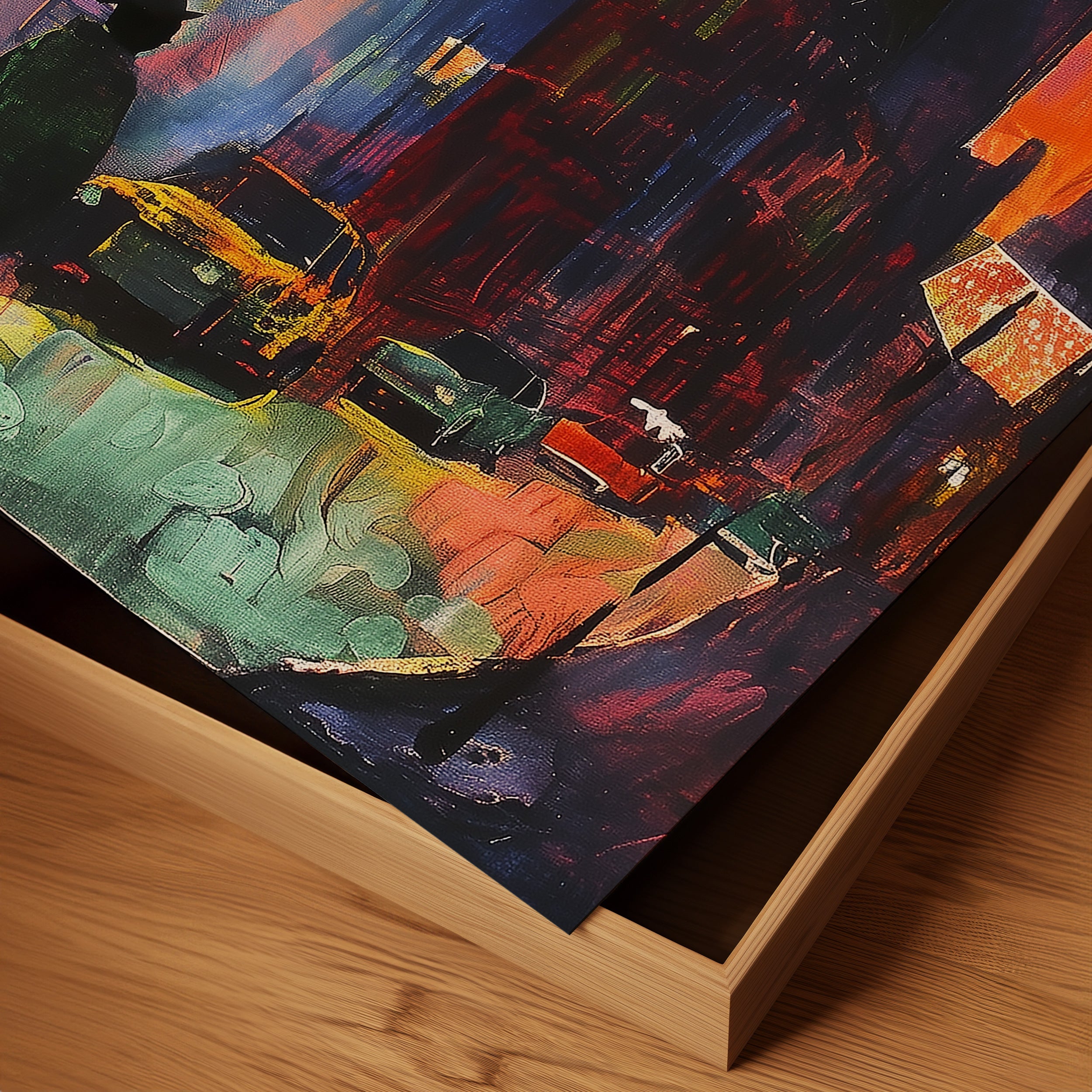 Harlem Neighborhood Night Scene Art Print featuring an Afrocentric abstract depiction of Harlem city life after dark with bold colors, glowing windows, and silhouettes that celebrate African American culture and urban nightlife.