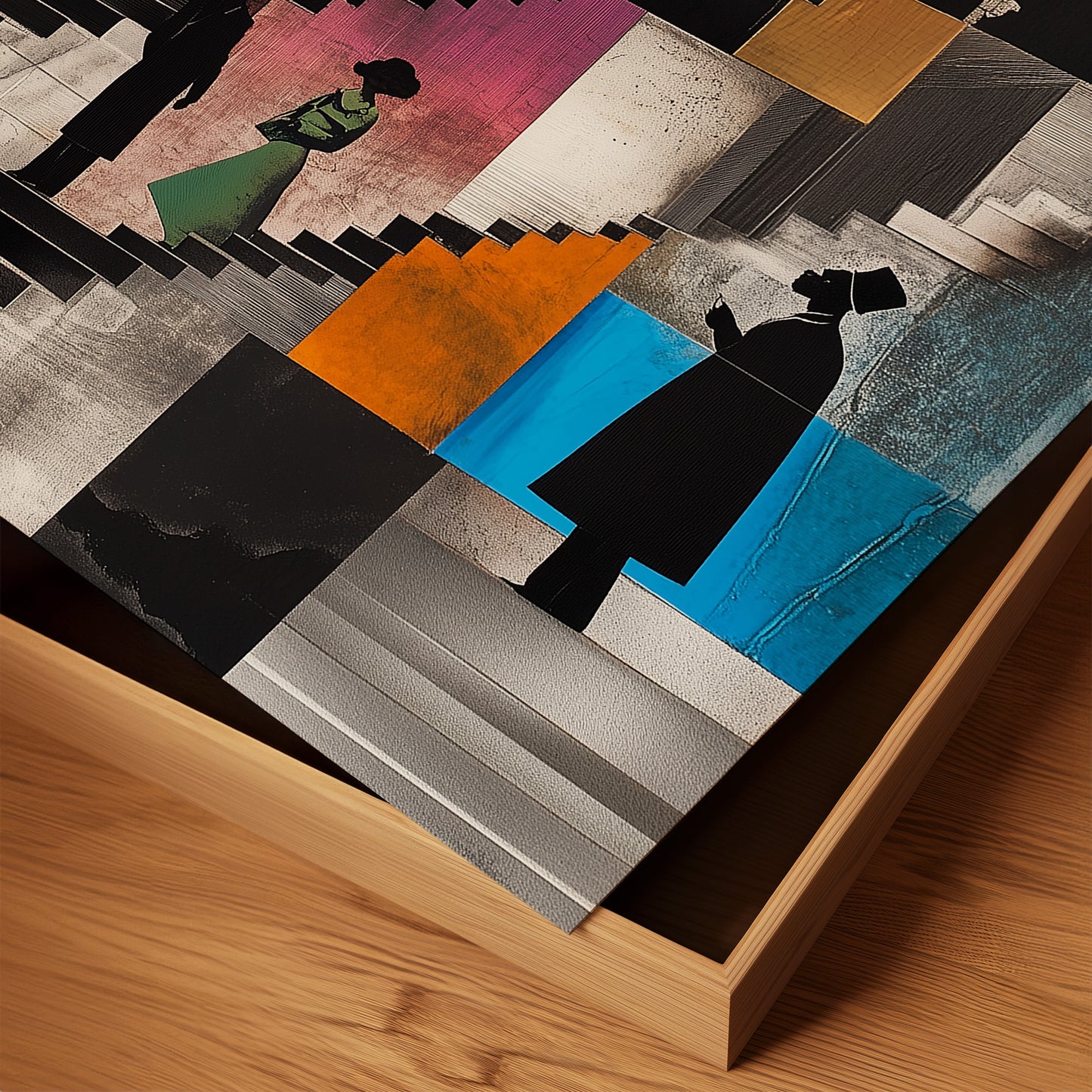 Harlem Neighborhood Art Print featuring Afrocentric abstract design of Black community life on the stoops. Vibrant colors, silhouette figures, and urban Harlem lifestyle imagery. African American wall decor.