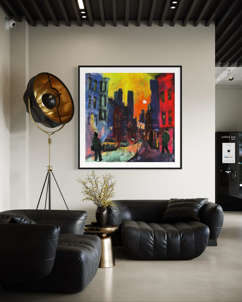 Harlem Neighborhood Night Scene Art Print featuring an Afrocentric abstract depiction of Harlem city life after dark with bold colors, glowing windows, and silhouettes that celebrate African American culture and urban nightlife.