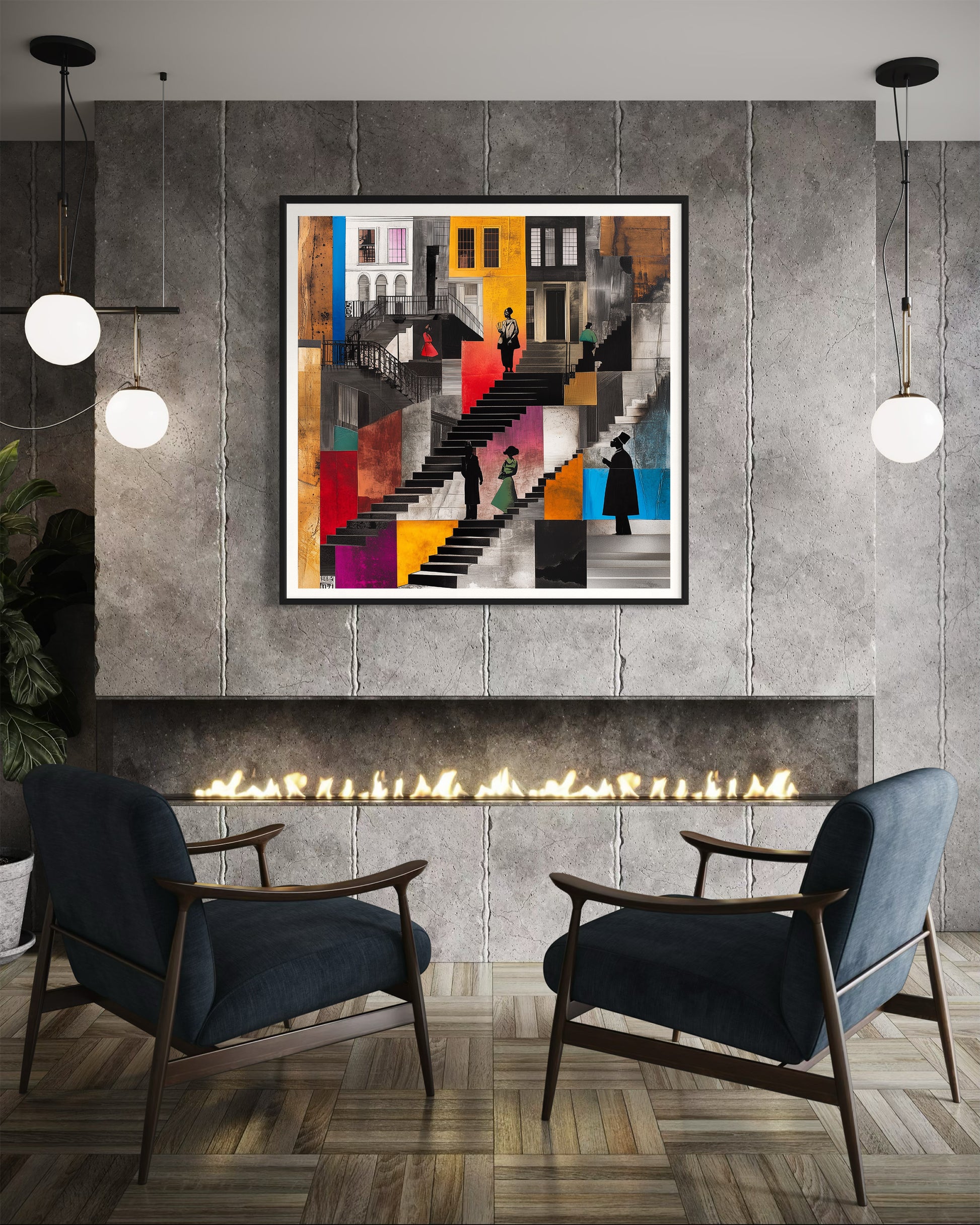 Harlem Neighborhood Art Print featuring Afrocentric abstract design of Black community life on the stoops. Vibrant colors, silhouette figures, and urban Harlem lifestyle imagery. African American wall decor.