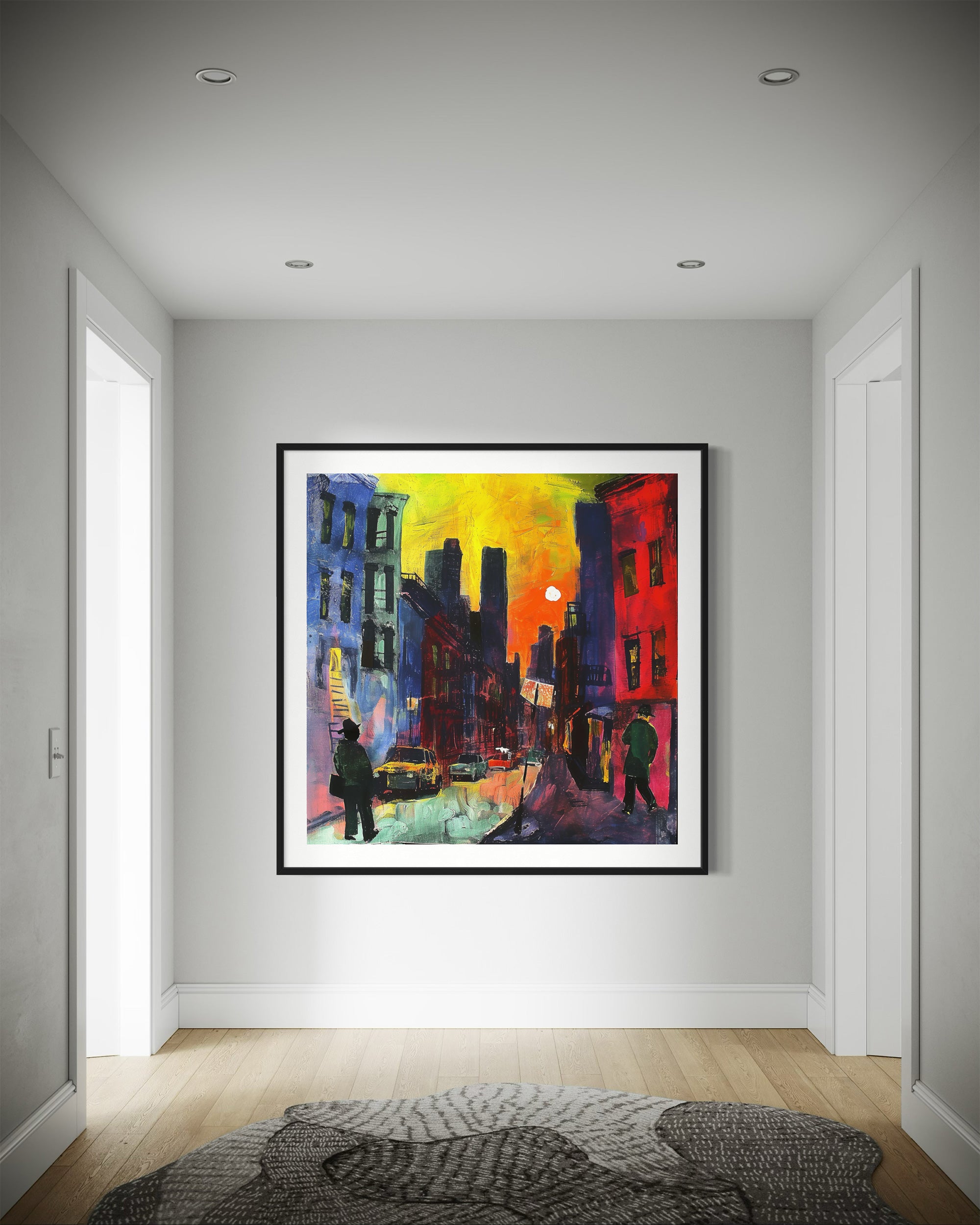 Harlem Neighborhood Night Scene Art Print featuring an Afrocentric abstract depiction of Harlem city life after dark with bold colors, glowing windows, and silhouettes that celebrate African American culture and urban nightlife.