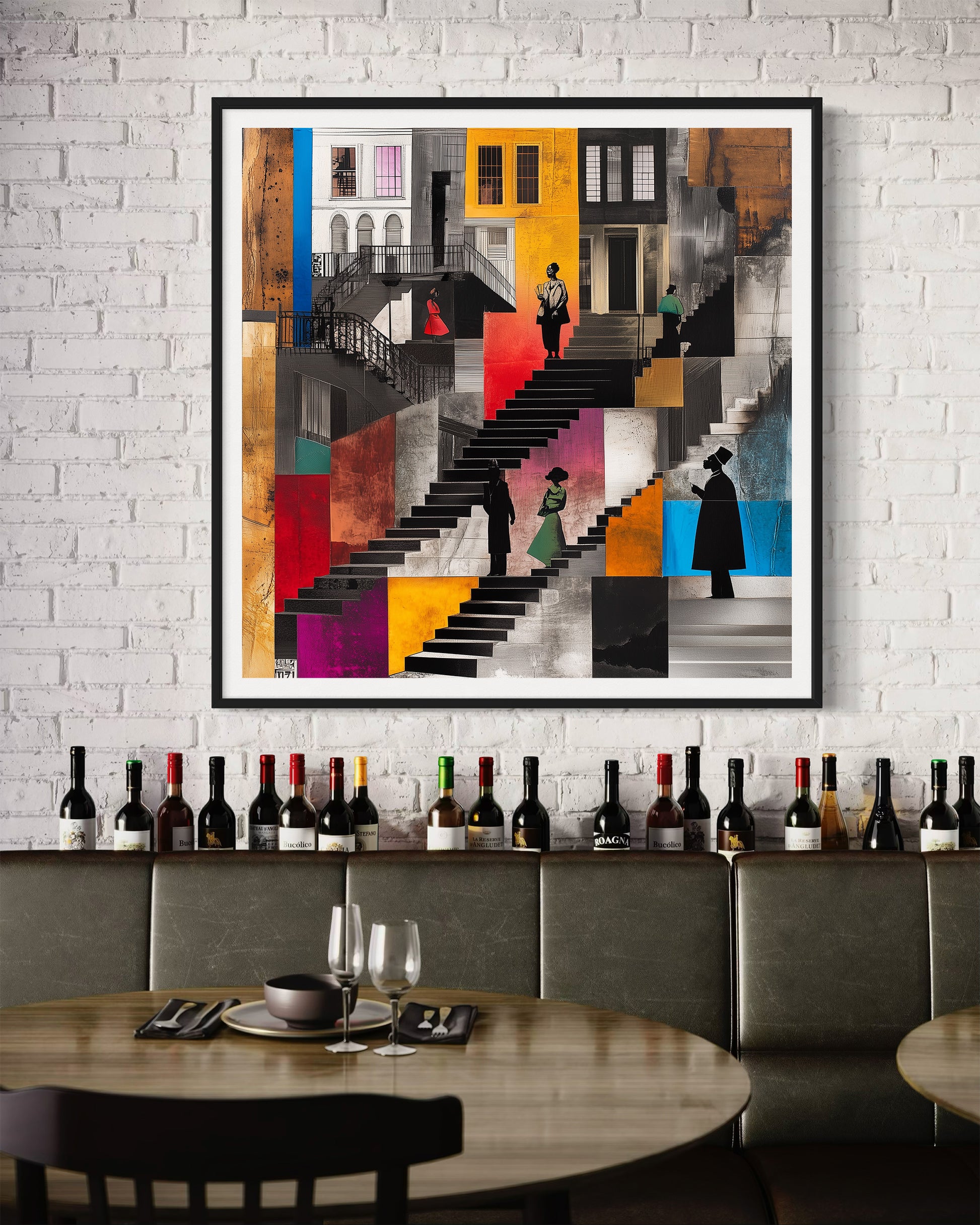 Harlem Neighborhood Art Print featuring Afrocentric abstract design of Black community life on the stoops. Vibrant colors, silhouette figures, and urban Harlem lifestyle imagery. African American wall decor.