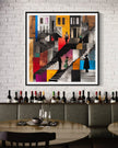 Harlem Neighborhood Art Print featuring Afrocentric abstract design of Black community life on the stoops. Vibrant colors, silhouette figures, and urban Harlem lifestyle imagery. African American wall decor.