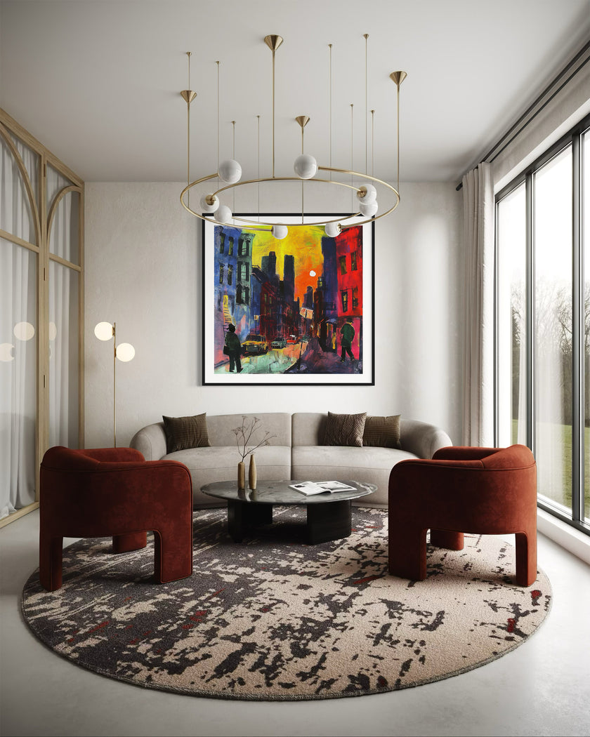 Harlem Neighborhood Night Scene Art Print featuring an Afrocentric abstract depiction of Harlem city life after dark with bold colors, glowing windows, and silhouettes that celebrate African American culture and urban nightlife.