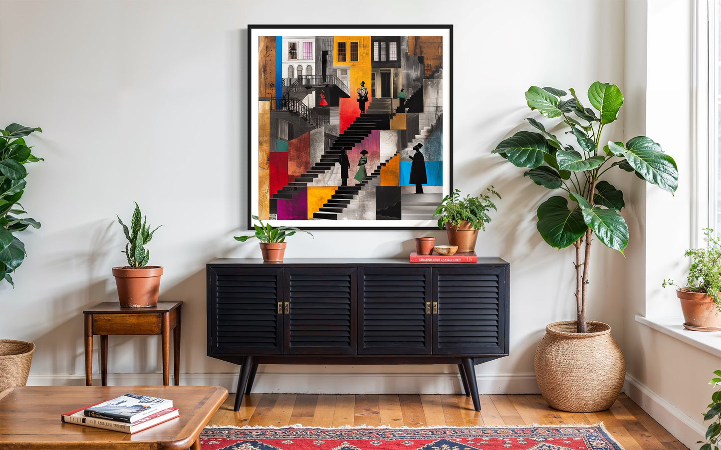 Harlem Neighborhood Art Print featuring Afrocentric abstract design of Black community life on the stoops. Vibrant colors, silhouette figures, and urban Harlem lifestyle imagery. African American wall decor.