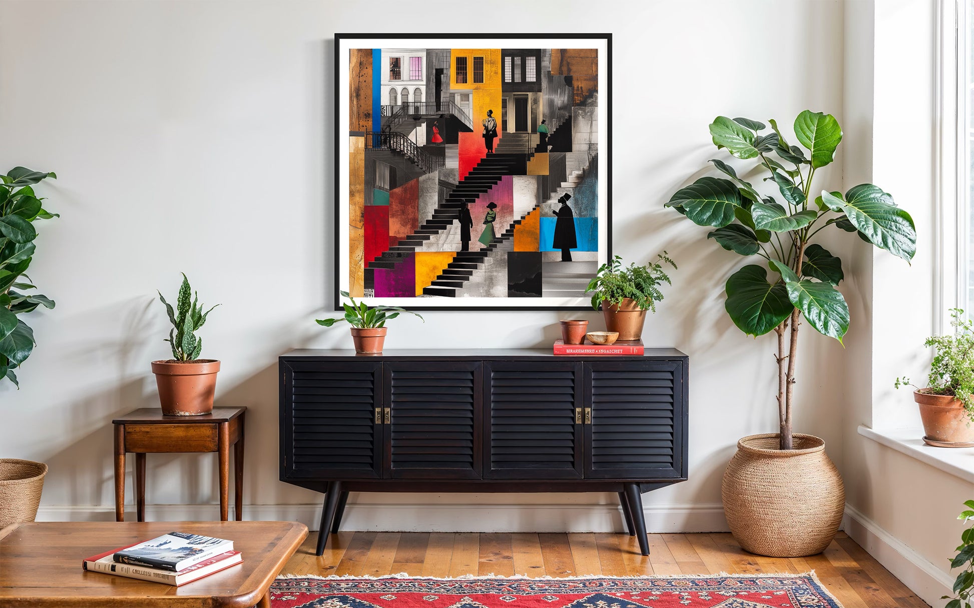 Harlem Neighborhood Art Print featuring Afrocentric abstract design of Black community life on the stoops. Vibrant colors, silhouette figures, and urban Harlem lifestyle imagery. African American wall decor.