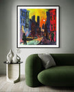 Harlem Neighborhood Night Scene Art Print featuring an Afrocentric abstract depiction of Harlem city life after dark with bold colors, glowing windows, and silhouettes that celebrate African American culture and urban nightlife.