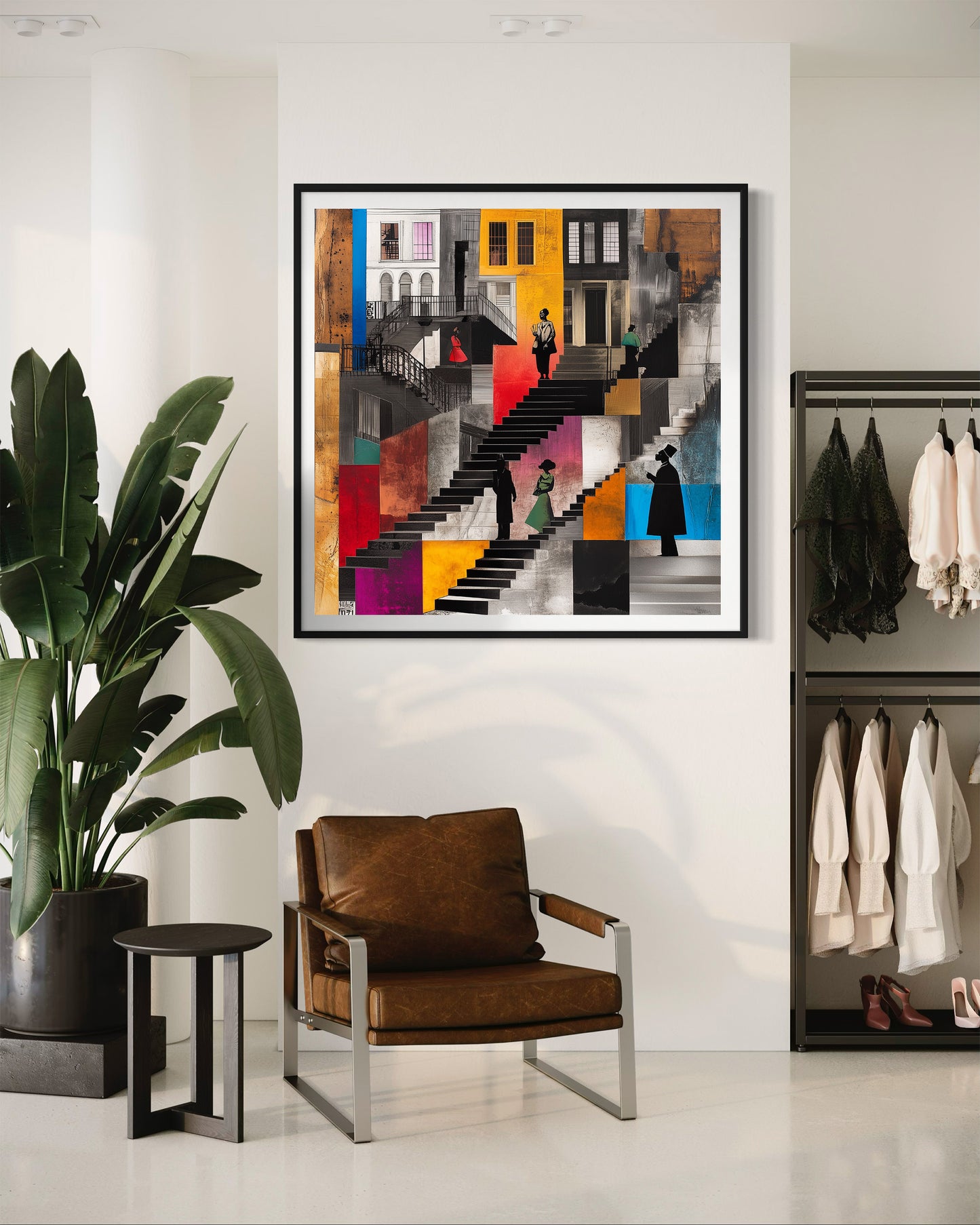 Harlem Neighborhood Art Print featuring Afrocentric abstract design of Black community life on the stoops. Vibrant colors, silhouette figures, and urban Harlem lifestyle imagery. African American wall decor.