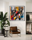 Harlem Neighborhood Art Print featuring Afrocentric abstract design of Black community life on the stoops. Vibrant colors, silhouette figures, and urban Harlem lifestyle imagery. African American wall decor.