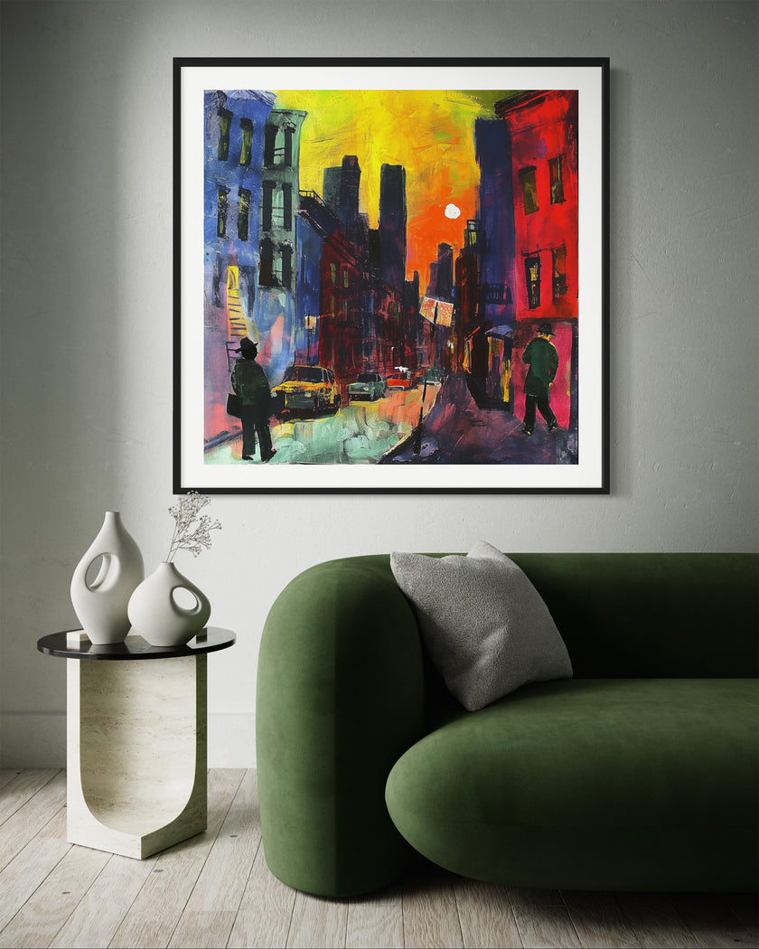 Harlem Neighborhood Night Scene Art Print featuring an Afrocentric abstract depiction of Harlem city life after dark with bold colors, glowing windows, and silhouettes that celebrate African American culture and urban nightlife.