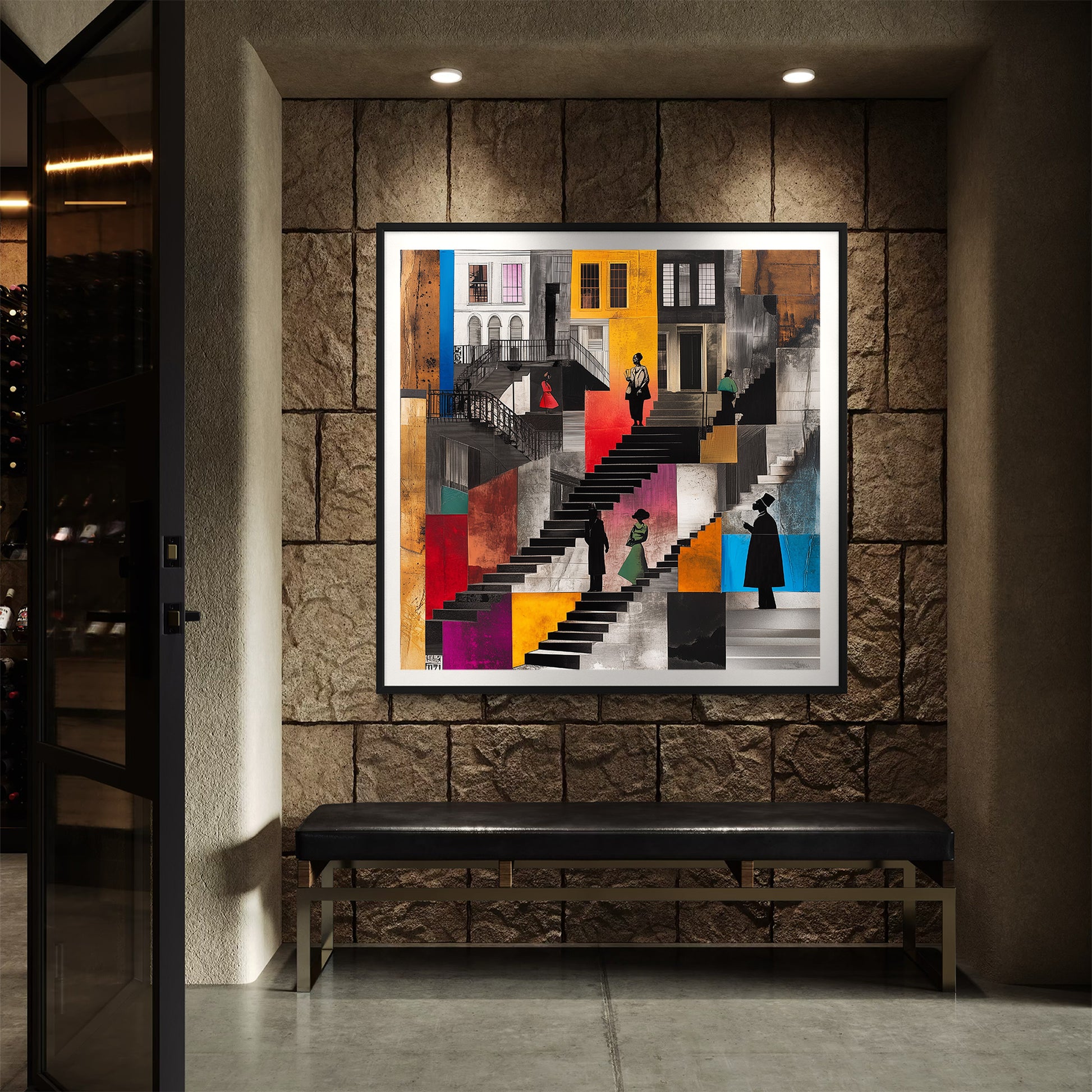 Harlem Neighborhood Art Print featuring Afrocentric abstract design of Black community life on the stoops. Vibrant colors, silhouette figures, and urban Harlem lifestyle imagery. African American wall decor.
