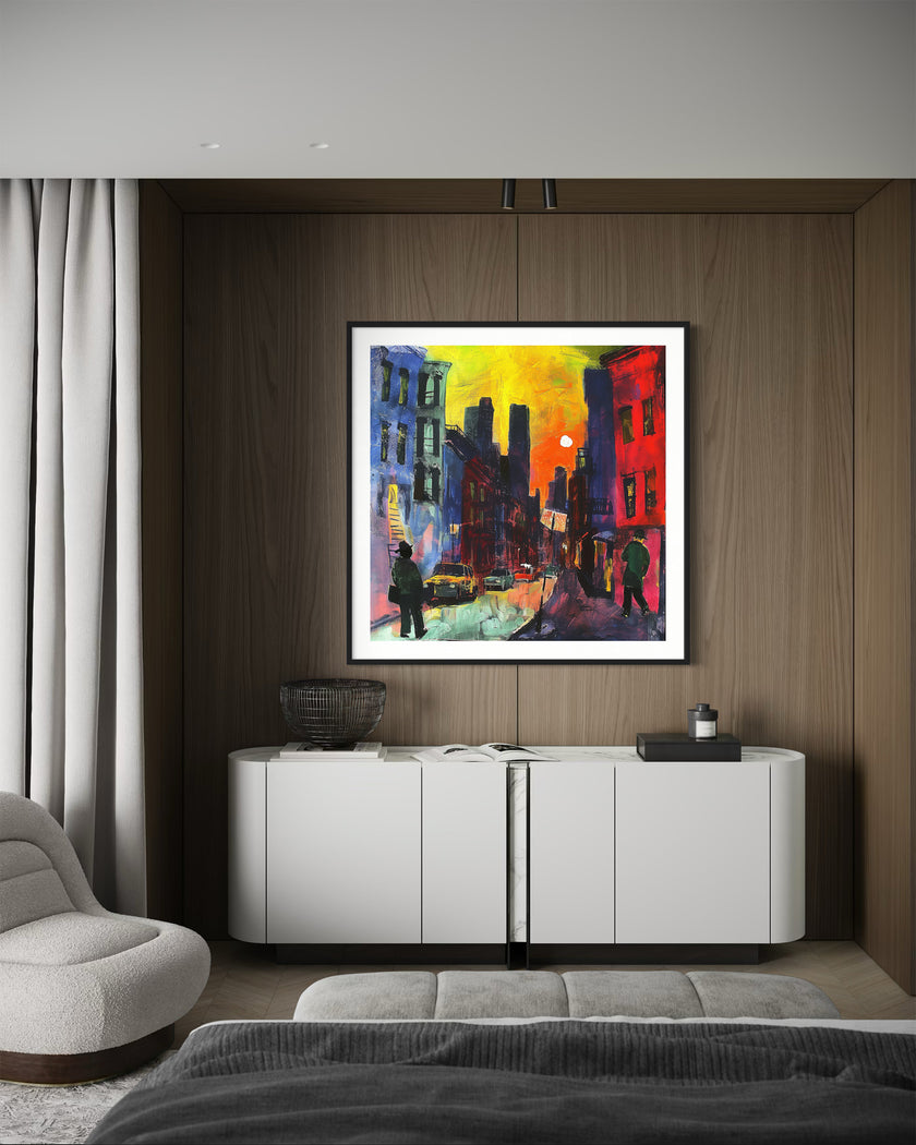 Harlem Neighborhood Night Scene Art Print featuring an Afrocentric abstract depiction of Harlem city life after dark with bold colors, glowing windows, and silhouettes that celebrate African American culture and urban nightlife.