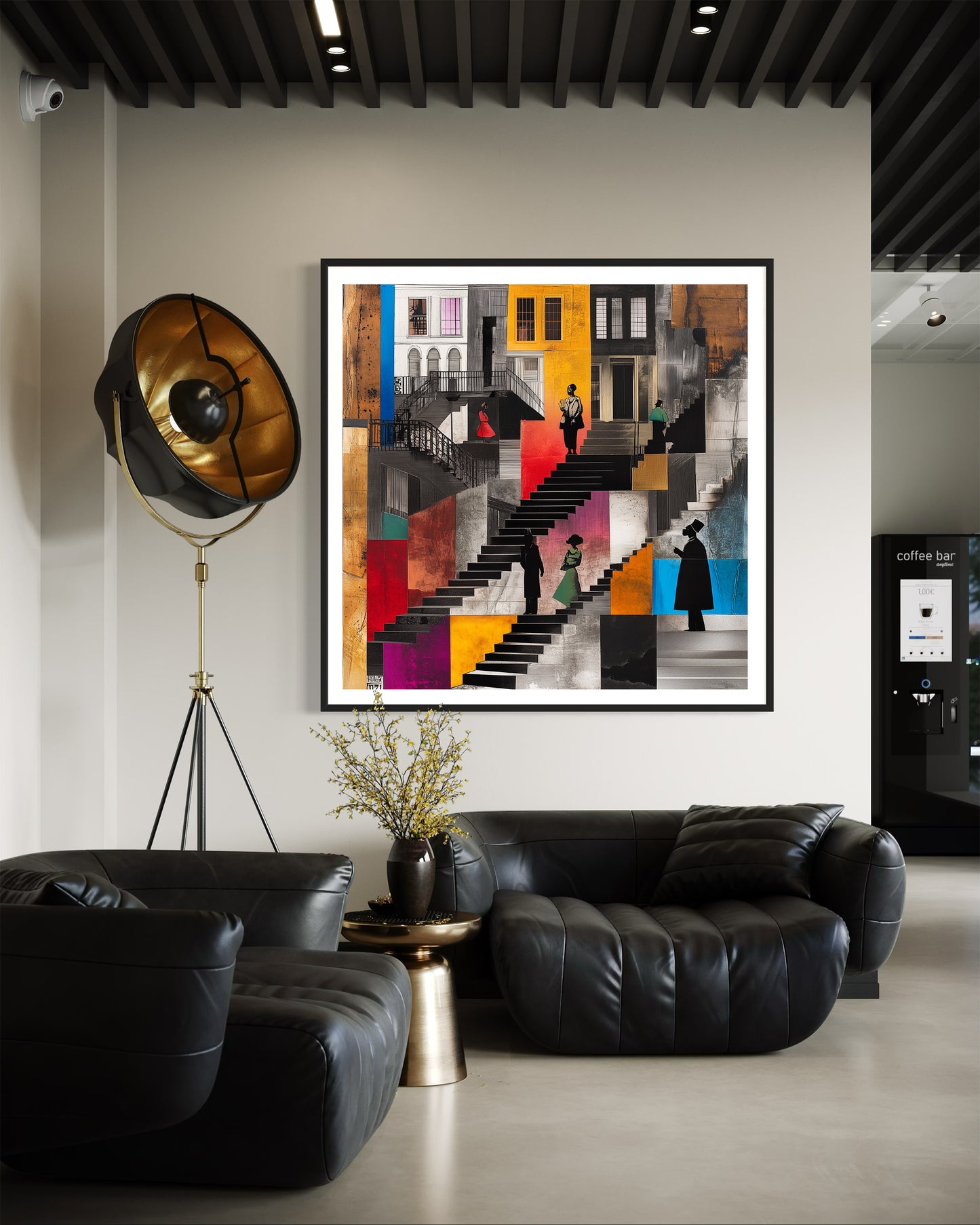 Harlem Neighborhood Art Print featuring Afrocentric abstract design of Black community life on the stoops. Vibrant colors, silhouette figures, and urban Harlem lifestyle imagery. African American wall decor.