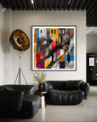Harlem Neighborhood Art Print featuring Afrocentric abstract design of Black community life on the stoops. Vibrant colors, silhouette figures, and urban Harlem lifestyle imagery. African American wall decor.
