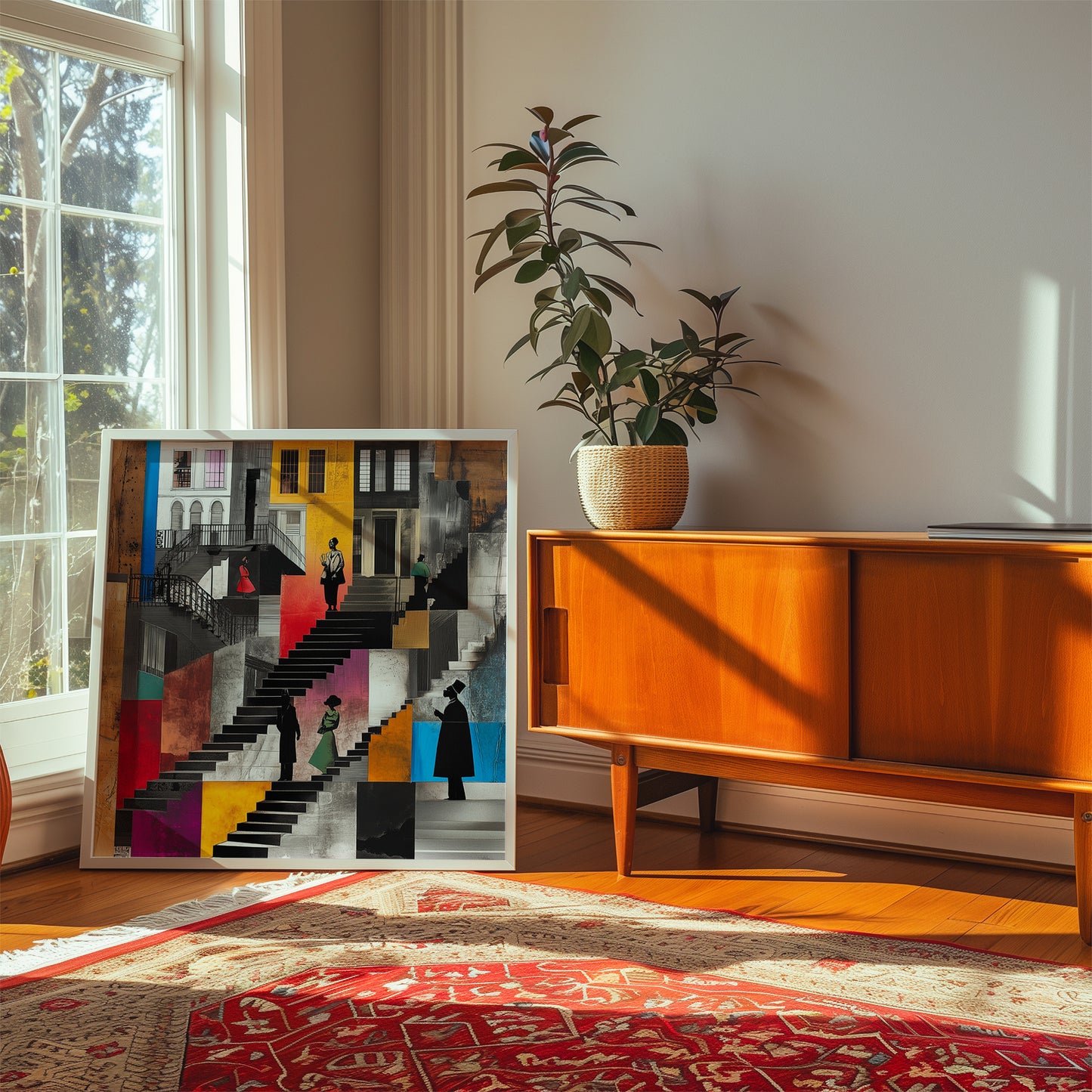 Harlem Neighborhood Art Print featuring Afrocentric abstract design of Black community life on the stoops. Vibrant colors, silhouette figures, and urban Harlem lifestyle imagery. African American wall decor.