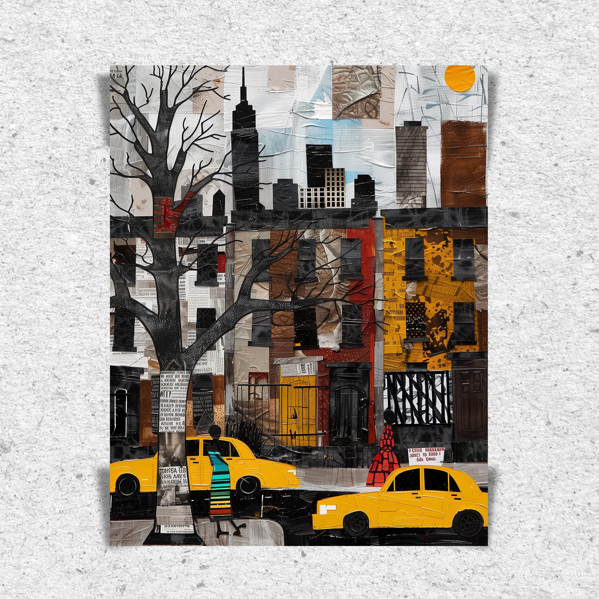 Harlem Yellow Cabs Art Print featuring an Afrocentric abstract collage of Harlem street life with yellow taxis, Black silhouette figures, and vibrant New York City scenery celebrating African American culture.