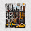Harlem Yellow Cabs Art Print featuring an Afrocentric abstract collage of Harlem street life with yellow taxis, Black silhouette figures, and vibrant New York City scenery celebrating African American culture.