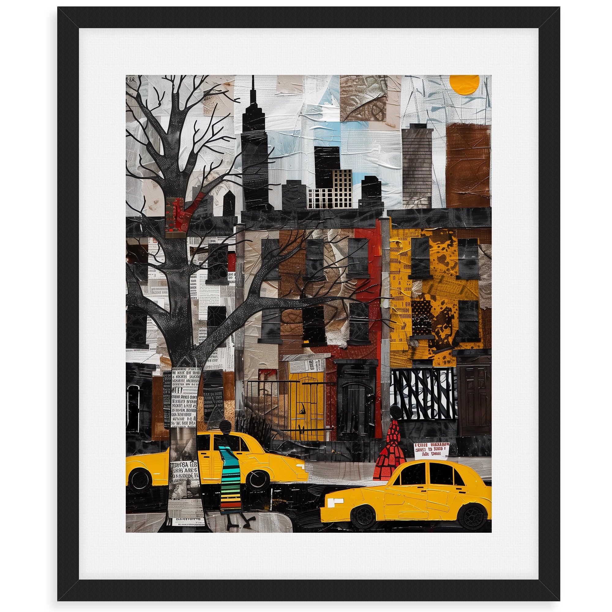Harlem Yellow Cabs Art Print featuring an Afrocentric abstract collage of Harlem street life with yellow taxis, Black silhouette figures, and vibrant New York City scenery celebrating African American culture.