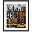 Harlem Yellow Cabs Art Print featuring an Afrocentric abstract collage of Harlem street life with yellow taxis, Black silhouette figures, and vibrant New York City scenery celebrating African American culture.
