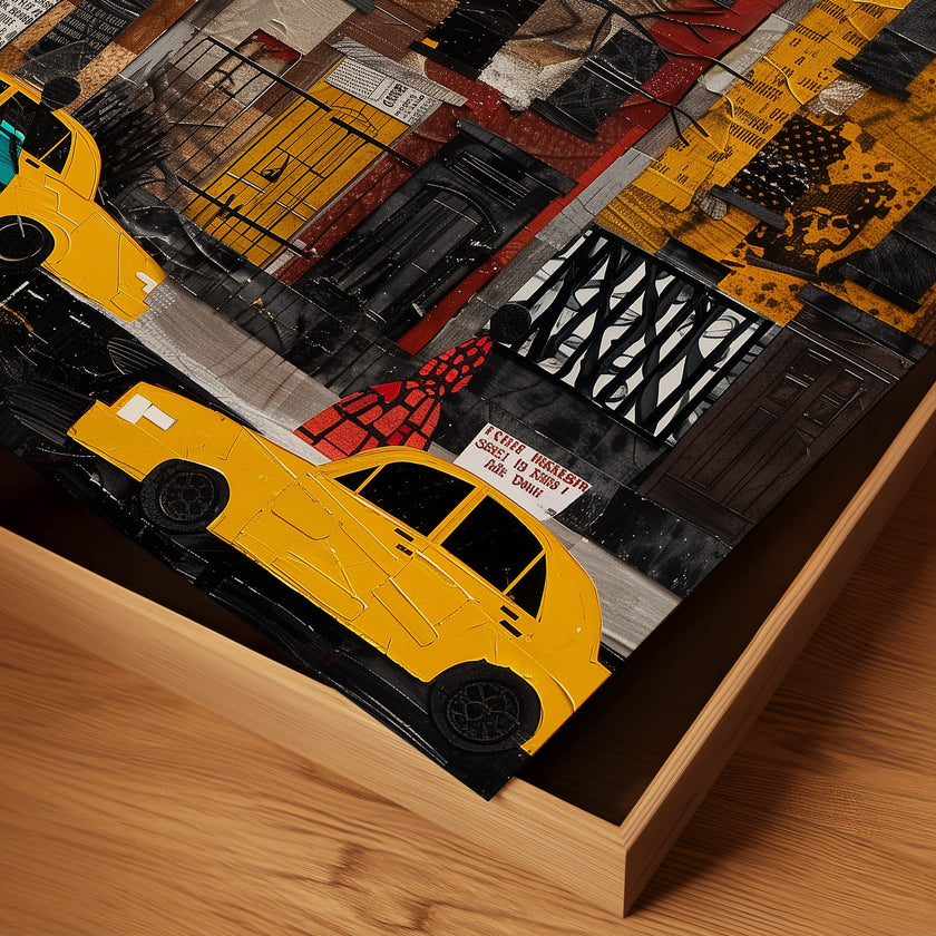 Harlem Yellow Cabs Art Print featuring an Afrocentric abstract collage of Harlem street life with yellow taxis, Black silhouette figures, and vibrant New York City scenery celebrating African American culture.