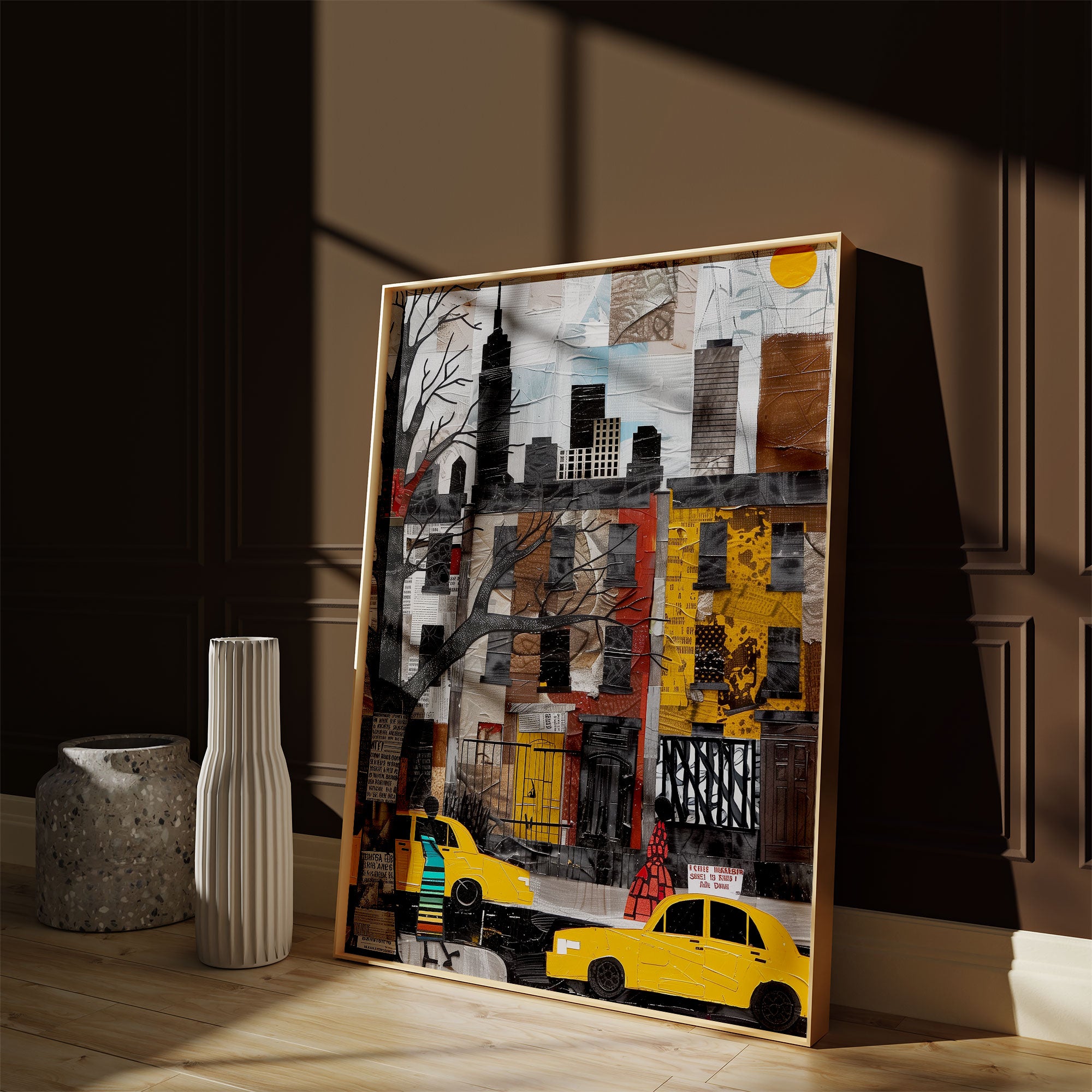 Harlem Yellow Cabs Art Print featuring an Afrocentric abstract collage of Harlem street life with yellow taxis, Black silhouette figures, and vibrant New York City scenery celebrating African American culture.