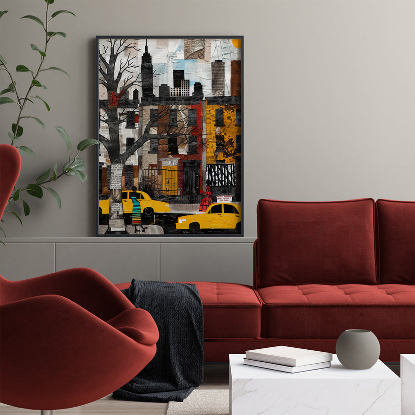 Harlem Yellow Cabs Art Print featuring an Afrocentric abstract collage of Harlem street life with yellow taxis, Black silhouette figures, and vibrant New York City scenery celebrating African American culture.