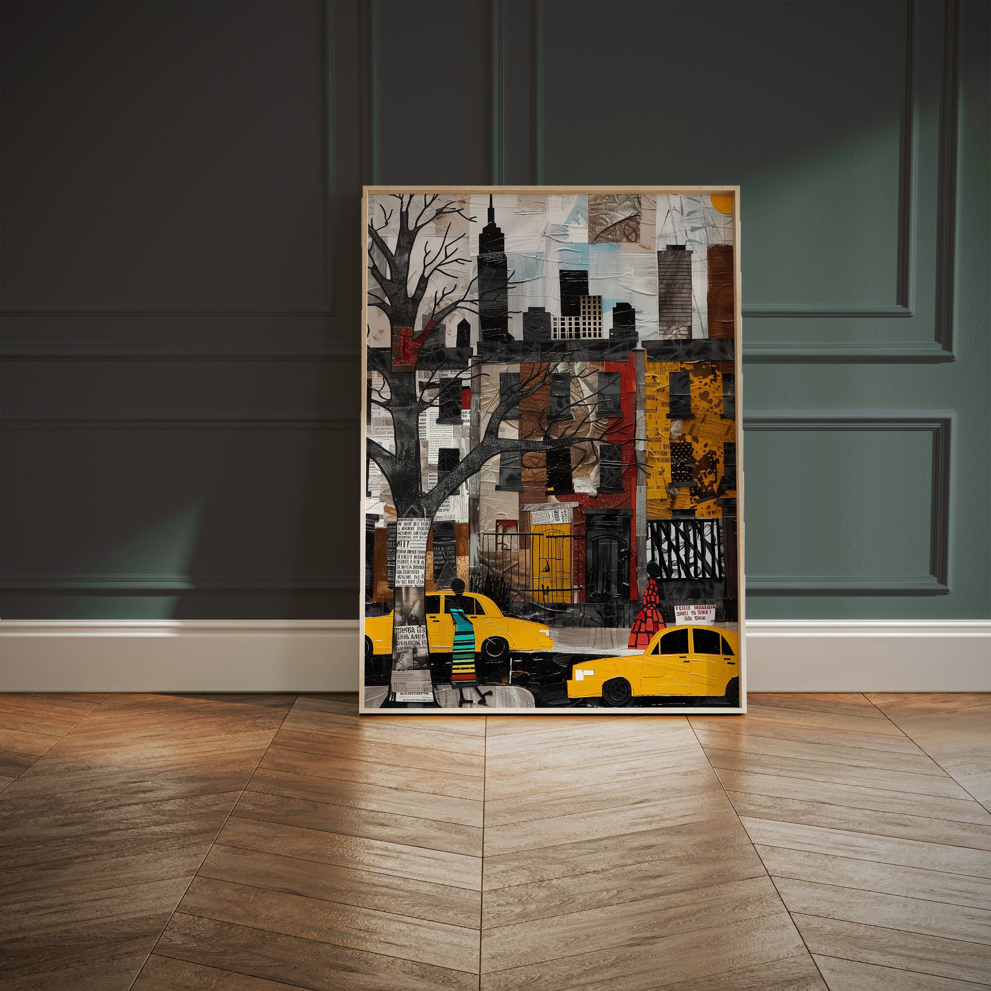Harlem Yellow Cabs Art Print featuring an Afrocentric abstract collage of Harlem street life with yellow taxis, Black silhouette figures, and vibrant New York City scenery celebrating African American culture.