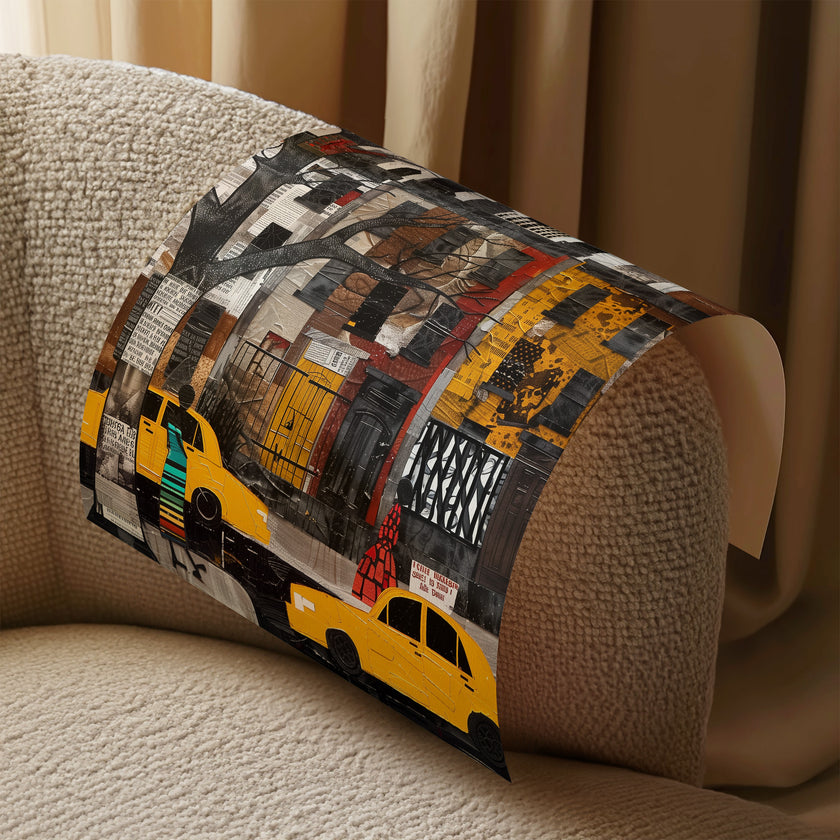 Harlem Yellow Cabs Art Print featuring an Afrocentric abstract collage of Harlem street life with yellow taxis, Black silhouette figures, and vibrant New York City scenery celebrating African American culture.
