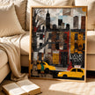 Harlem Yellow Cabs Art Print featuring an Afrocentric abstract collage of Harlem street life with yellow taxis, Black silhouette figures, and vibrant New York City scenery celebrating African American culture.