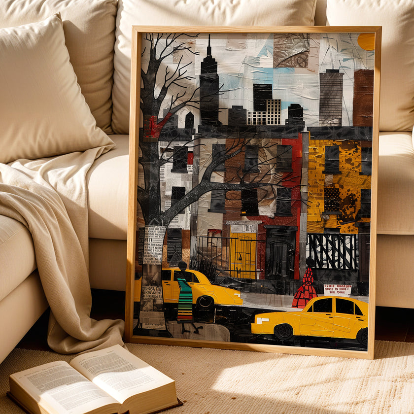 Harlem Yellow Cabs Art Print featuring an Afrocentric abstract collage of Harlem street life with yellow taxis, Black silhouette figures, and vibrant New York City scenery celebrating African American culture.