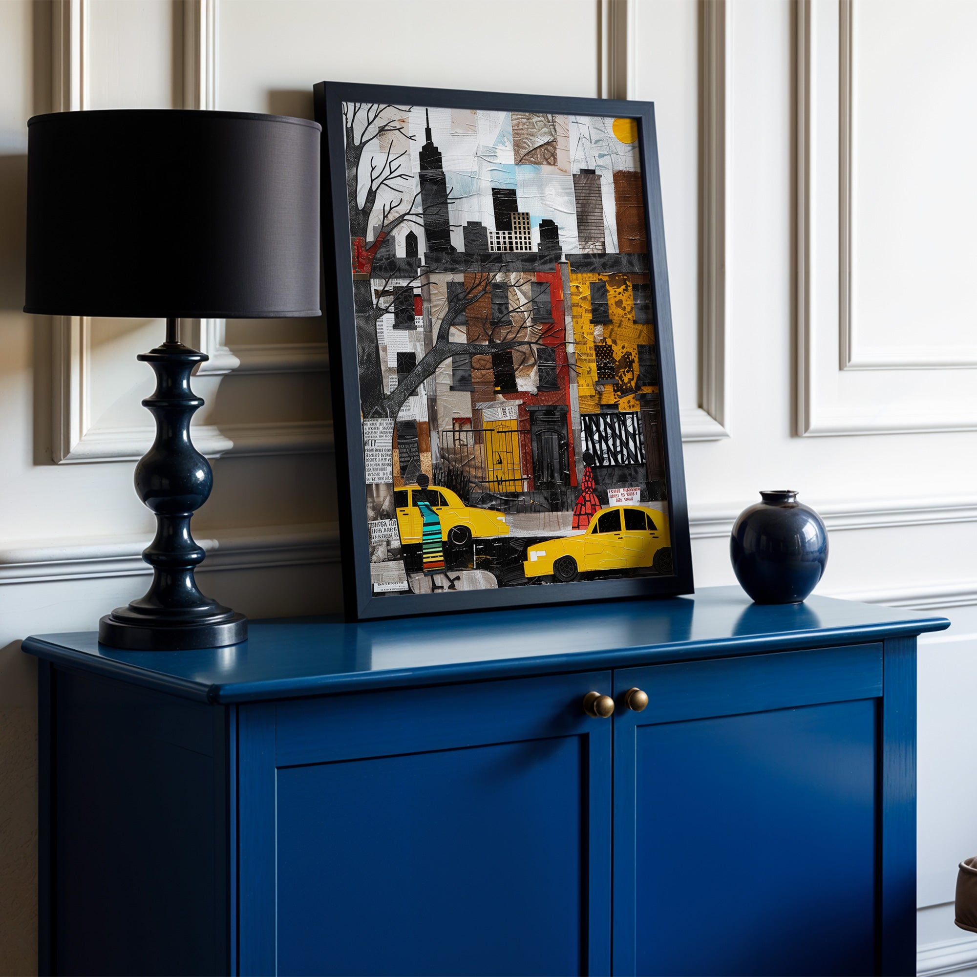 Harlem Yellow Cabs Art Print featuring an Afrocentric abstract collage of Harlem street life with yellow taxis, Black silhouette figures, and vibrant New York City scenery celebrating African American culture.