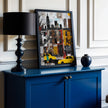 Harlem Yellow Cabs Art Print featuring an Afrocentric abstract collage of Harlem street life with yellow taxis, Black silhouette figures, and vibrant New York City scenery celebrating African American culture.