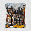 Harlem Yellow Cabs Art Print featuring an Afrocentric abstract collage of Harlem street life with yellow taxis, Black silhouette figures, and vibrant New York City scenery celebrating African American culture.
