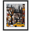 Harlem Yellow Cabs Art Print featuring an Afrocentric abstract collage of Harlem street life with yellow taxis, Black silhouette figures, and vibrant New York City scenery celebrating African American culture.
