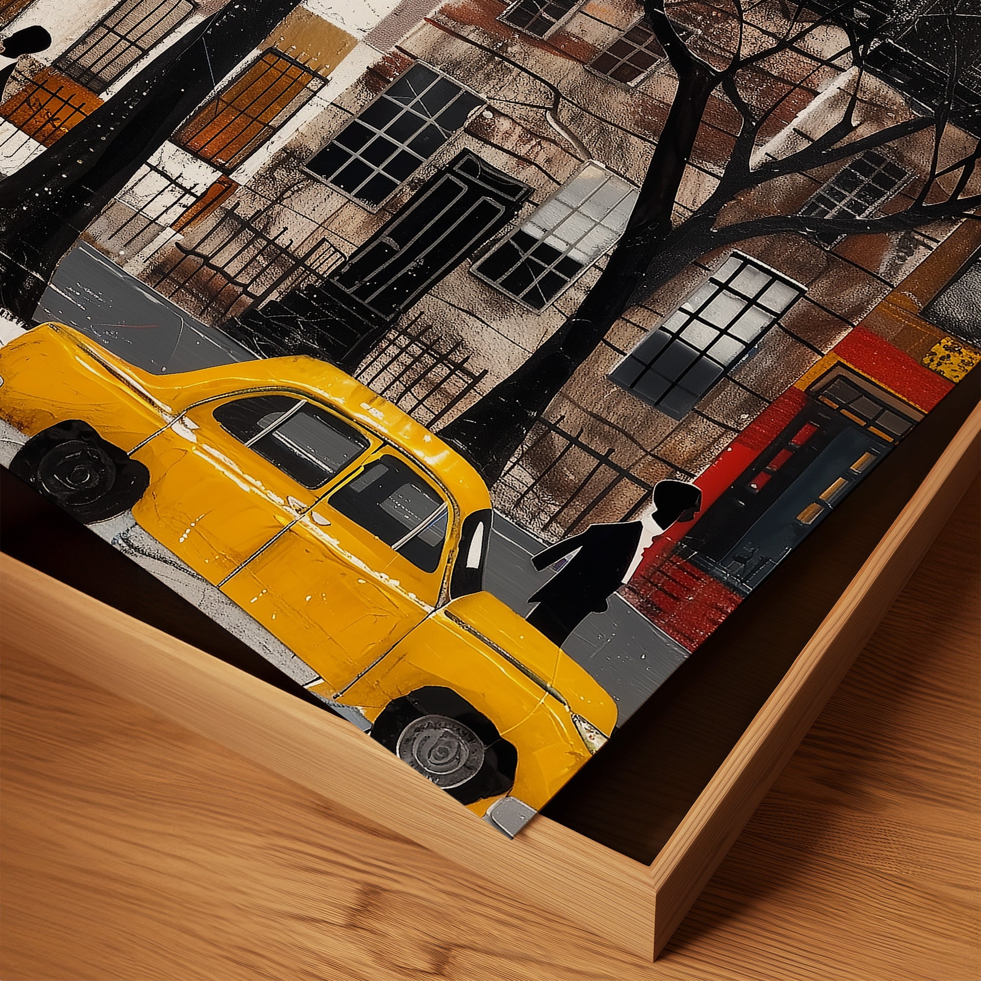 Harlem Yellow Cabs Art Print featuring an Afrocentric abstract collage of Harlem street life with yellow taxis, Black silhouette figures, and vibrant New York City scenery celebrating African American culture.