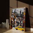 Harlem Yellow Cabs Art Print featuring an Afrocentric abstract collage of Harlem street life with yellow taxis, Black silhouette figures, and vibrant New York City scenery celebrating African American culture.