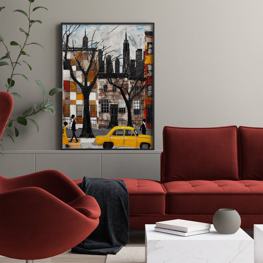 Harlem Yellow Cabs Art Print featuring an Afrocentric abstract collage of Harlem street life with yellow taxis, Black silhouette figures, and vibrant New York City scenery celebrating African American culture.